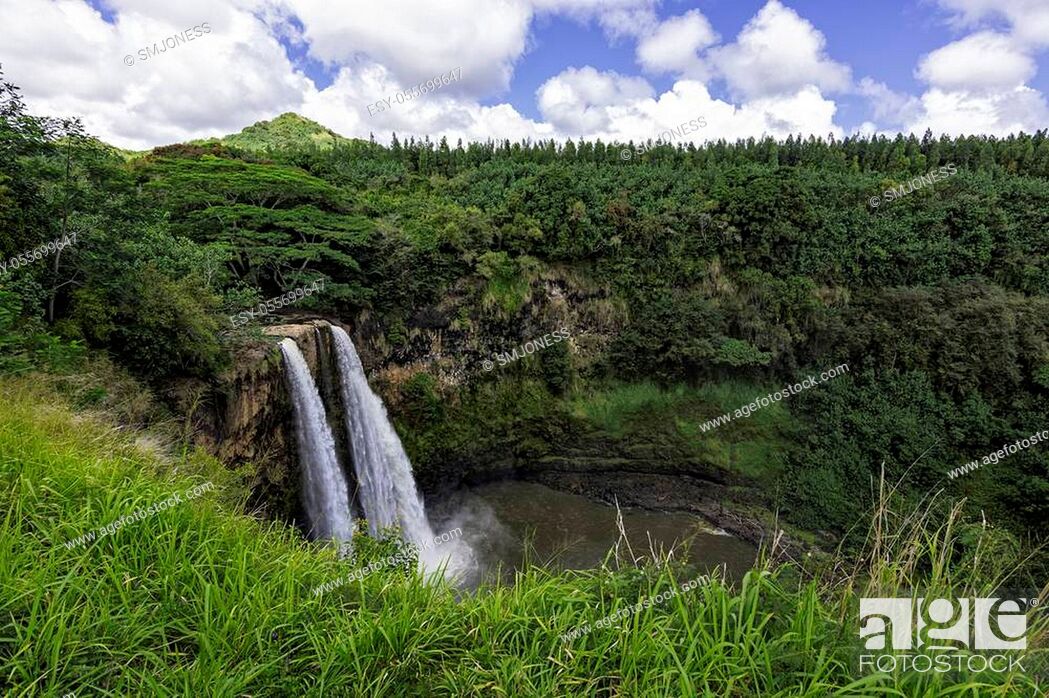 Stock Photo: Wailua Falls twin waterfalls in a tropical forest, Kauai, Hawaii, United States.
