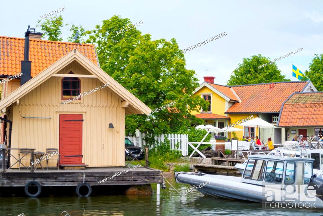 Stock Photo: Hembygdsgård, harbour area with a museum and cafe, Norrhamnen, Vaxholm, near Stockholm, Sweden.