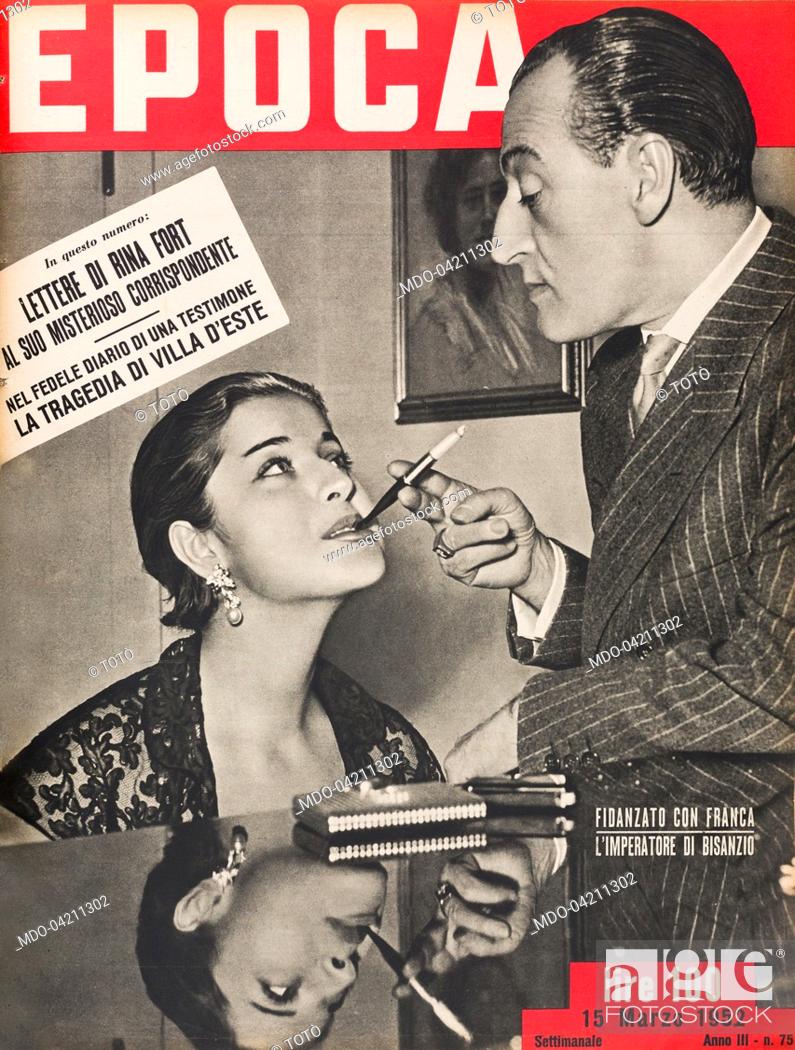 Stock Photo: Cover of the weekly magazine Epoca. Italian actor Totò (Antonio de Curtis) with his girlfriend Franca Faldini. 1952.