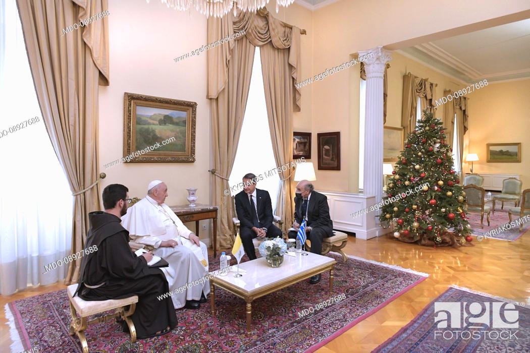 Stock Photo: Pope Francis meeting Greek Prime Minister Kyriakos Mitsotakis at the Presidential Palace in Athens, Greece, on December 04th, 2021.