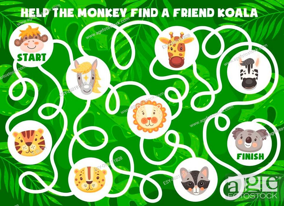 Funny cartoon animals. Kids labyrinth maze game, find a friend logical game  or riddle, Stock Vector, Vector And Low Budget Royalty Free Image. Pic.  ESY-060191828 | agefotostock