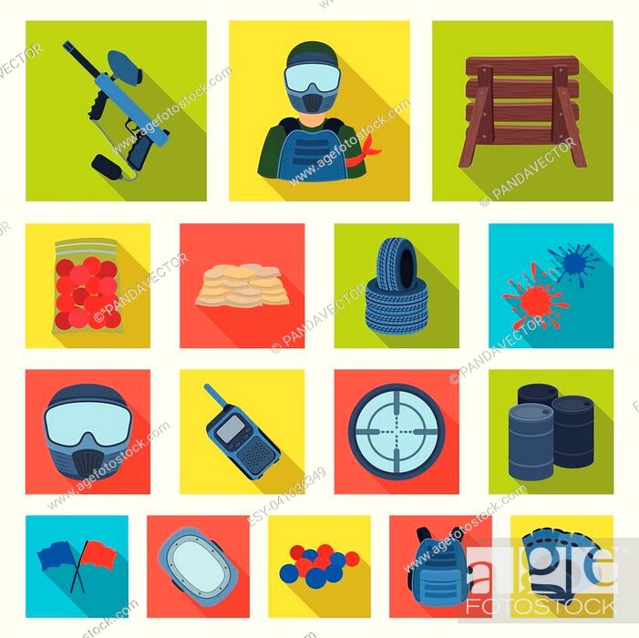 Vector: Paintball, team game flat icons in set collection for design. Equipment and outfit vector symbol stock illustration.