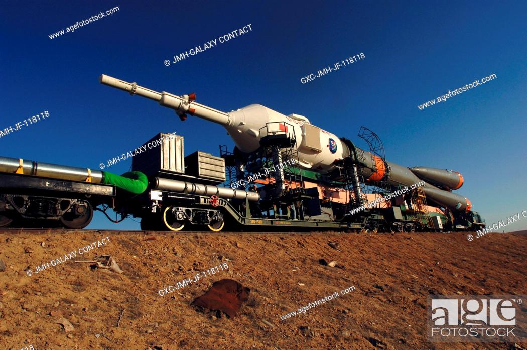 Stock Photo: The Soyuz TMA-6 vehicle rolled to its launch pad at the Baikonur Cosmodrome in Kazakhstan on April 13, 2005 in preparation for its launch April 15 (Kazakhstan.