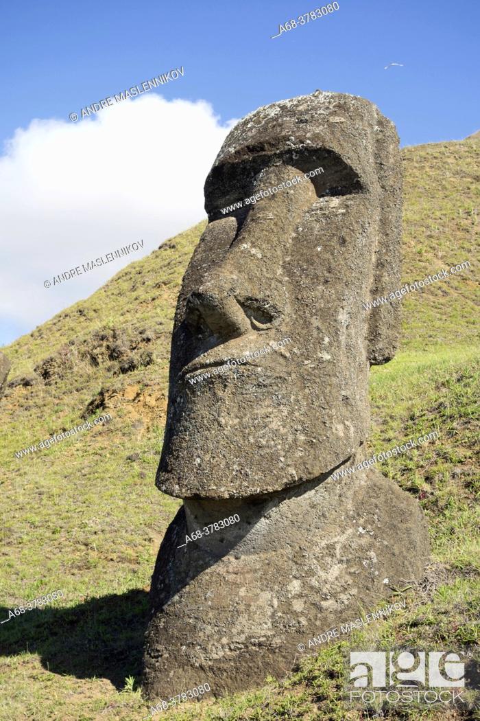 Stock Photo: Stone sculptures, Moai, at the stone quarry on the slope to the crater Rano Raraku which is an extinct volcanic crater on Easter Island.