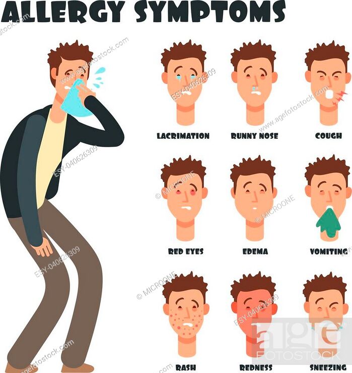 Allergy symptoms with sneezing cartoon man. Medical vector illustration,  Stock Vector, Vector And Low Budget Royalty Free Image. Pic. ESY-040626309  | agefotostock