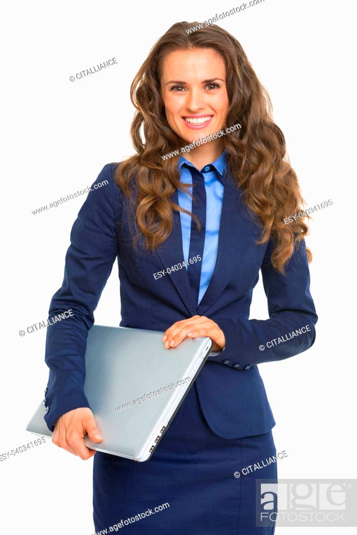 Stock Photo: Portrait of smiling business woman with laptop.