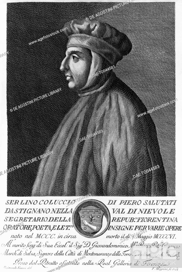 Imagen: Portrait of Lino Coluccio Salutati (1331-1406), Italian Humanist and Chancellor of Florence, etching from Serie di ritratti d 'uomini illustri toscani.