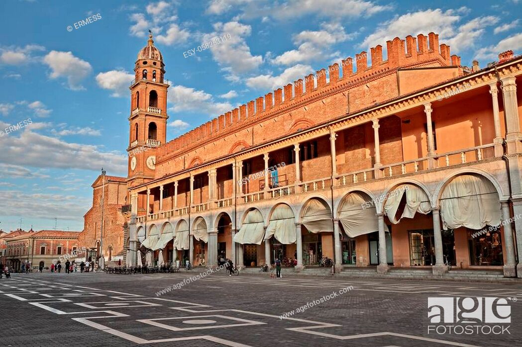 Stock Photo: Faenza, Ravenna, Emilia-Romagna, Italy: Piazza del Popolo (People's Square) with the characteristic double porch on the facade of the medieval palace in the.