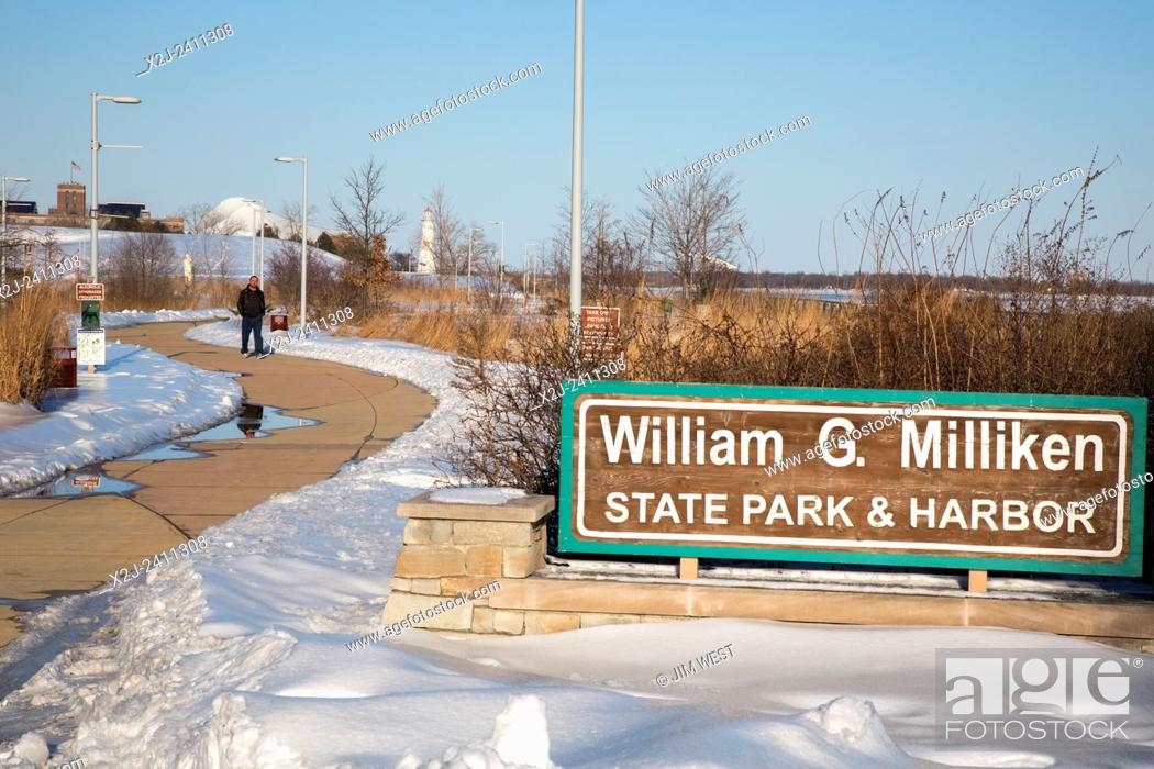 Stock Photo: Detroit, Michigan - William G. Milliken State Park in winter. The park is downtown, along the Detroit River.