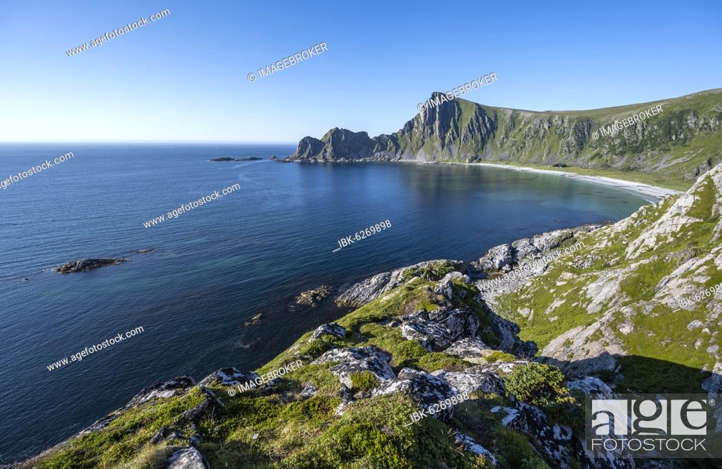 Stock Photo: Beach and sea, hike to the mountain Måtinden, near Stave, Nordland, Norway, Europe.