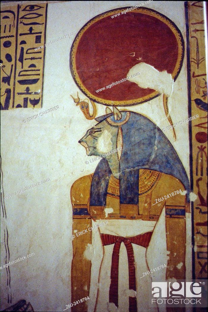 Stock Photo: Thebes, West bank, Kings Valley, tomb of Montou-Her-Kopechef (KV19). Right wall, the prince in front of Sekhmet (scene 14).