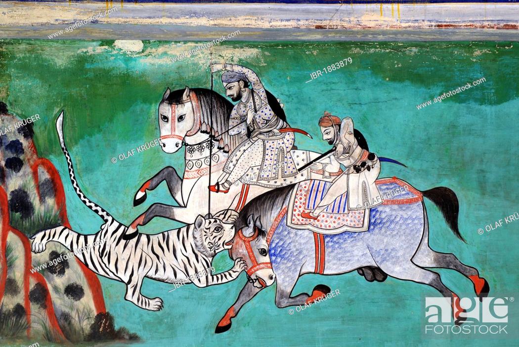 Stock Photo: Fresco of a hunting scene, Juna Mahal, ancient palace of Dungarpur, Rajasthan, India, Asia.