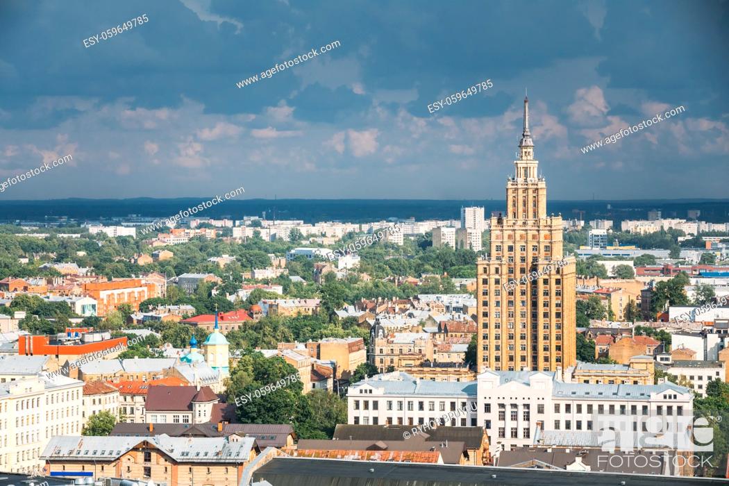Stock Photo: Riga, Latvia. Building of Latvian Academy of Sciences, built on model of Moscow ""Stalin skyscrapers"". Bureau and administration of Academy of Sciences.
