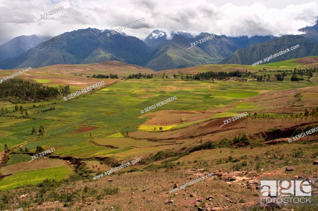 Stock Photo: Landscape in the Sacred Valley near Cuzco. The Sacred Valley of the Incas or the Urubamba Valley is a valley in the Andes of Peru.