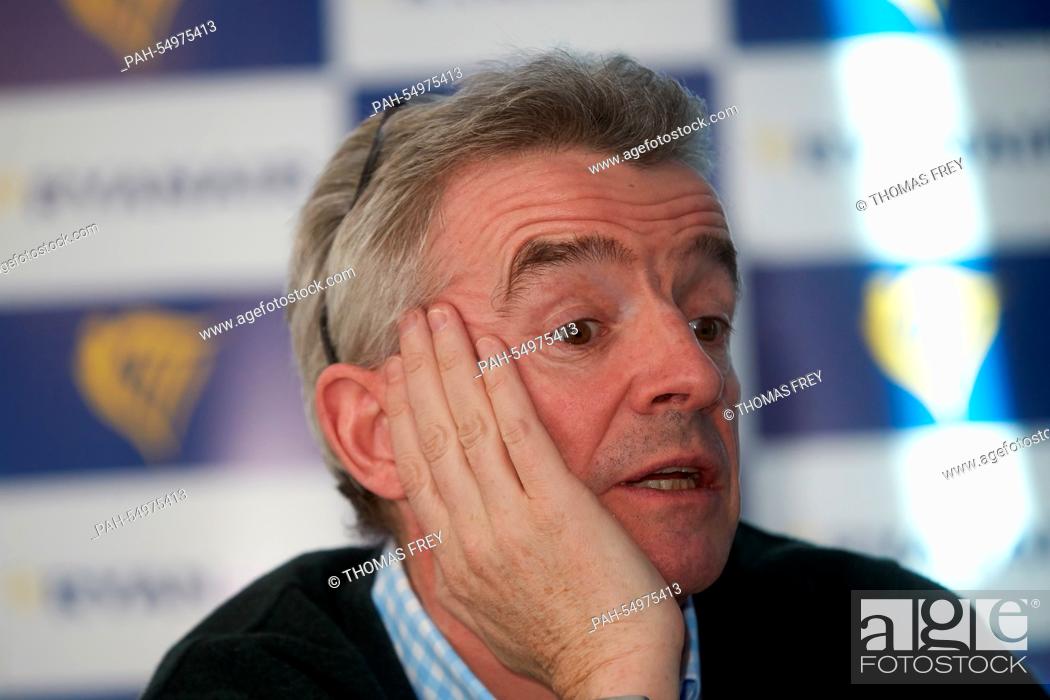 Stock Photo: Michael O'Leary, CEO of the Irish low-cost airline Ryanair, speaks at a press conference at Hahn Airport in Lautzenhausen,  Germany, 13 January 2015.