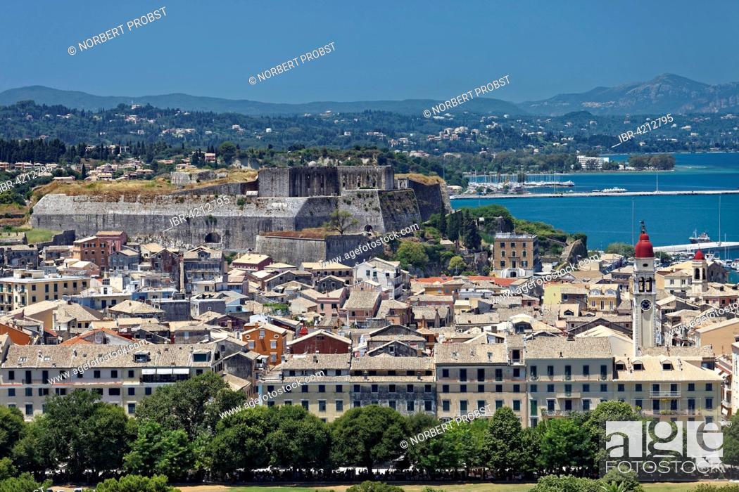 Stock Photo: View from the old fortress to the historic centre, with new fortress, Corfu, Kerkyra, Unesco World Heritage Site, the island of Corfu, Ionian Islands, Greece.