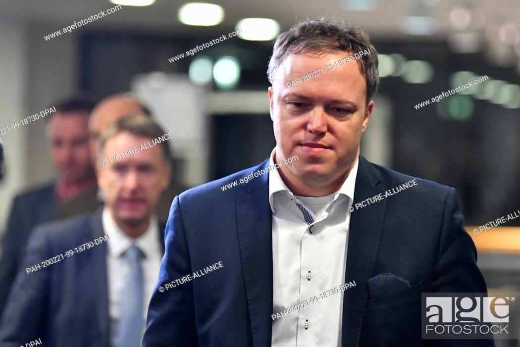 Stock Photo: 21 February 2020, Thuringia, Erfurt: Mario Voigt (M), deputy CDU state leader, comes from the negotiations in the Thuringian state parliament.