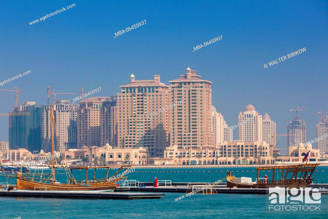 Stock Photo: Qatar, Doha, view towards The Pearl Area from Katara Beach.