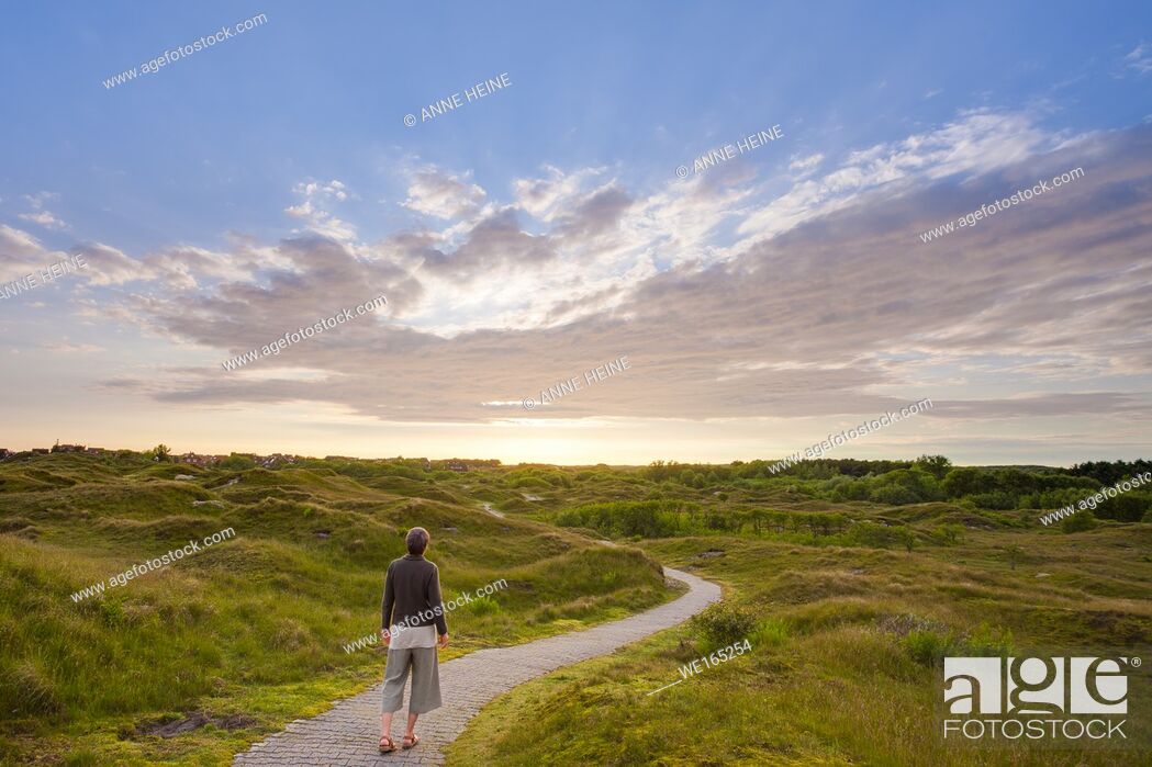 Stock Photo: Woman walking on a trail that winds through the dunes on the island of Baltrum, just a trail for walking, for being in that landscape.