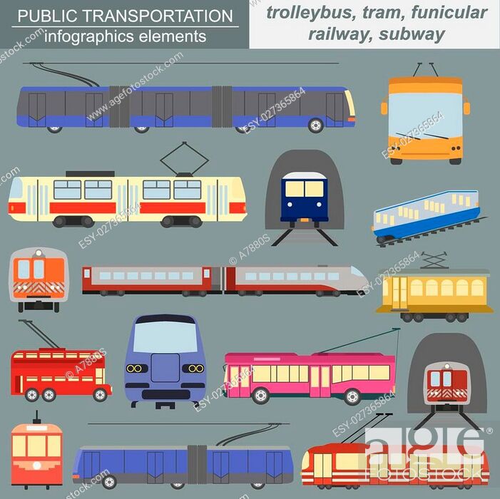 Stock Vector: Public transportation icon infographics. Tram, trolleybus; subway. Vector illustration.