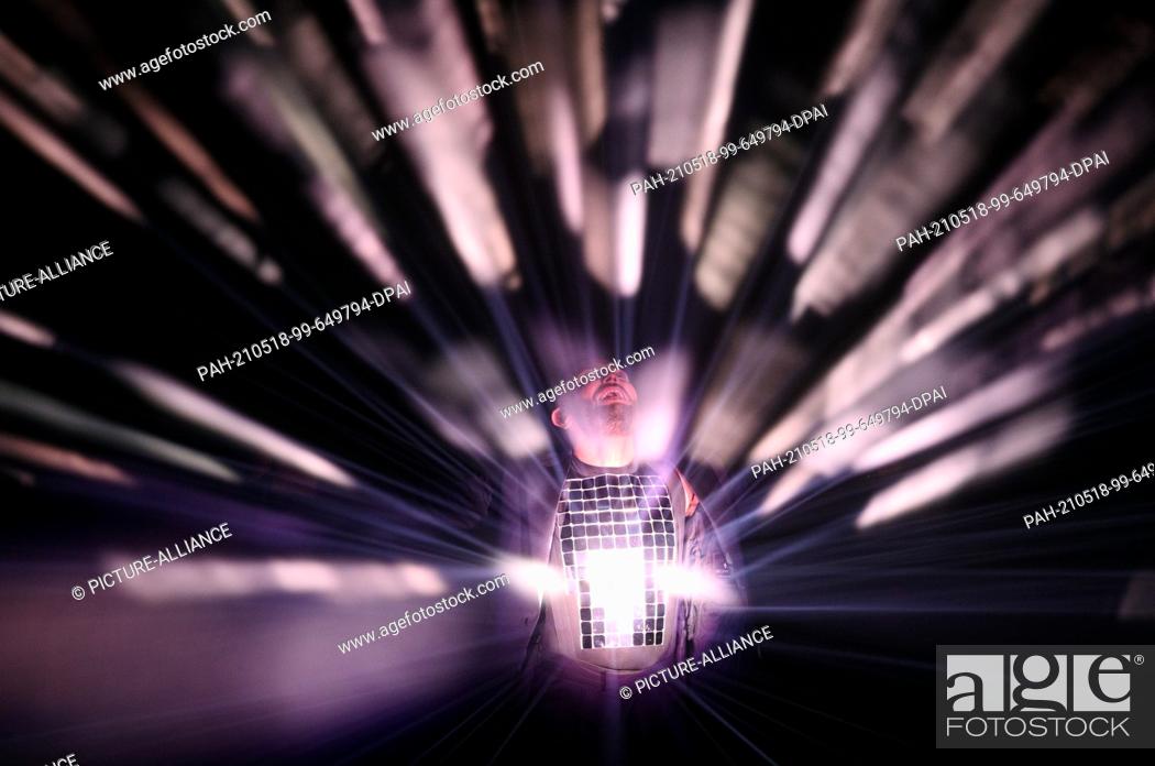 Stock Photo: 17 May 2021, Netherlands, Rotterdam: Singer Vasil (North Macedonia) performs the song ""Here I stand"" during the second dress rehearsal of the first semi-final.