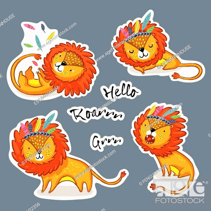Stock Vector: Set of stickers with cute lions, king of the jungle. Vector illustration.