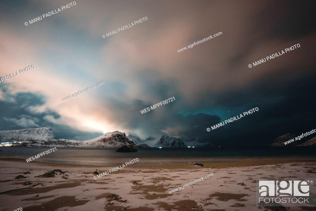 Stock Photo: Coastal landscape with mountains at twilight, Lofoten, Norway.