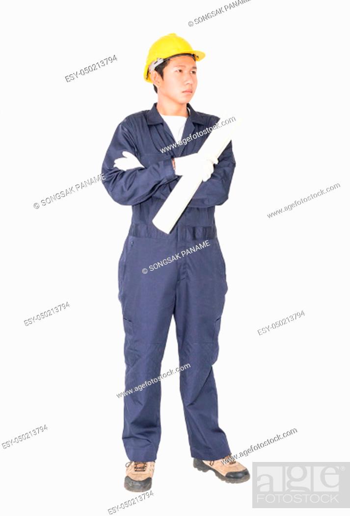 Stock Photo: Young worker with yellow helmet holding blueprint isolated over white background.