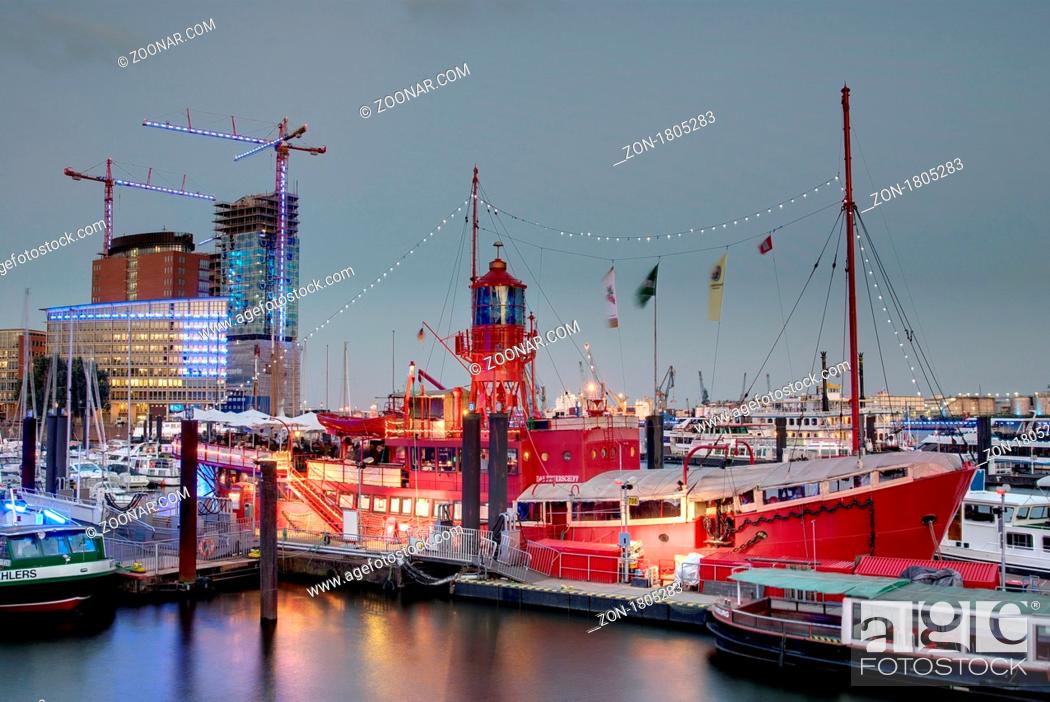 Stock Photo: Setting Up, Sea, Water, Blue, River, City, Historic, Tourism, Boat, Harbor, Port, Lighthouse, Evening, Sight, Day, Attraction, Restaurant, Ship, Boot, Hamburg, Elbe, Marker, Investor, Boote, Light-Vessel, Elbe Philharmonic Hall, Elbphilharmonie, Leuchtfeuer, Cruise Ship, Tourist Attraction