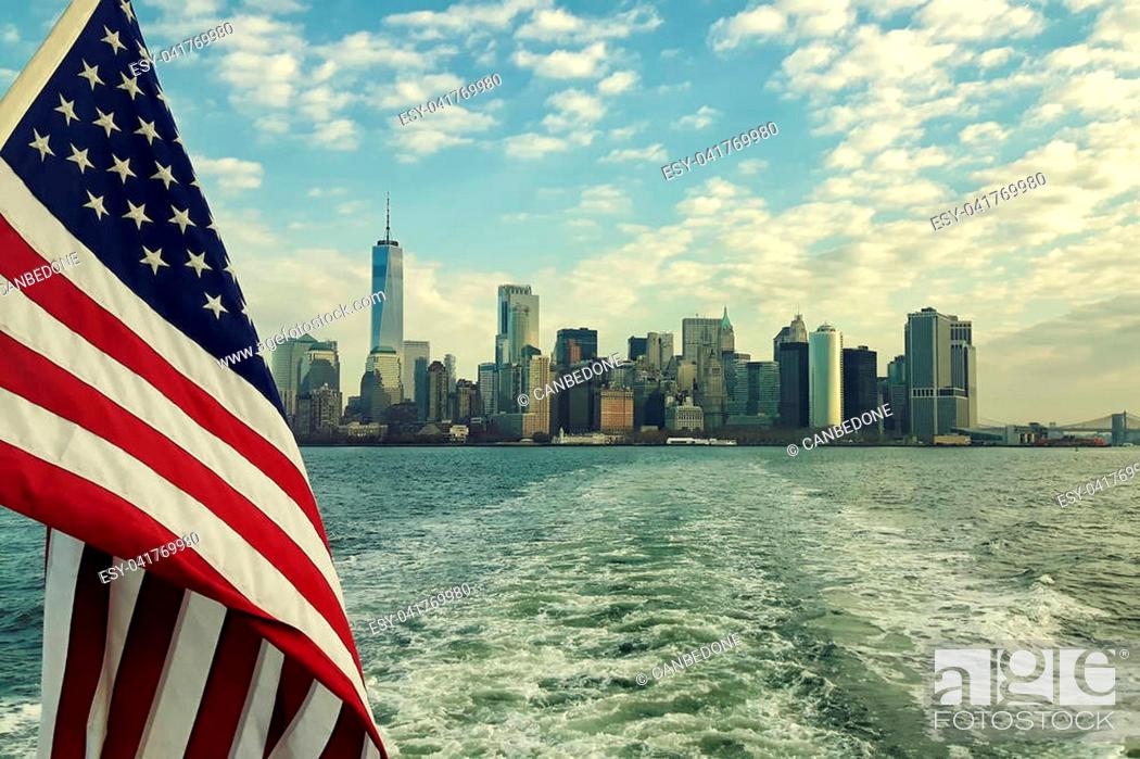 Stock Photo: New York City Manhattan skyline Usa waving flag.