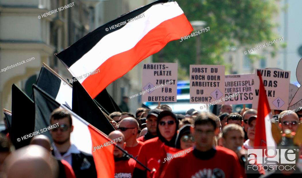 Stock Photo: Right-wing extremists demonstrate in Plauen, Germany, 01 May 2014. Counter-demonstration are held throughout the city. Photo: HENDRIK SCHMIDT/dpa | usage.