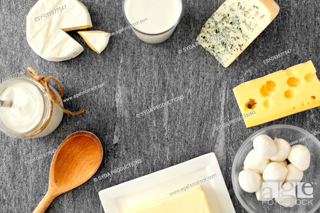 Stock Photo: different kinds of cheese, milk, yogurt and butter.
