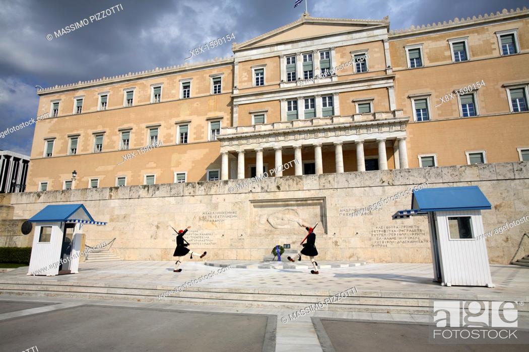 Stock Photo: Greek Parliament building in Syntagma Square, Athens, Greece.