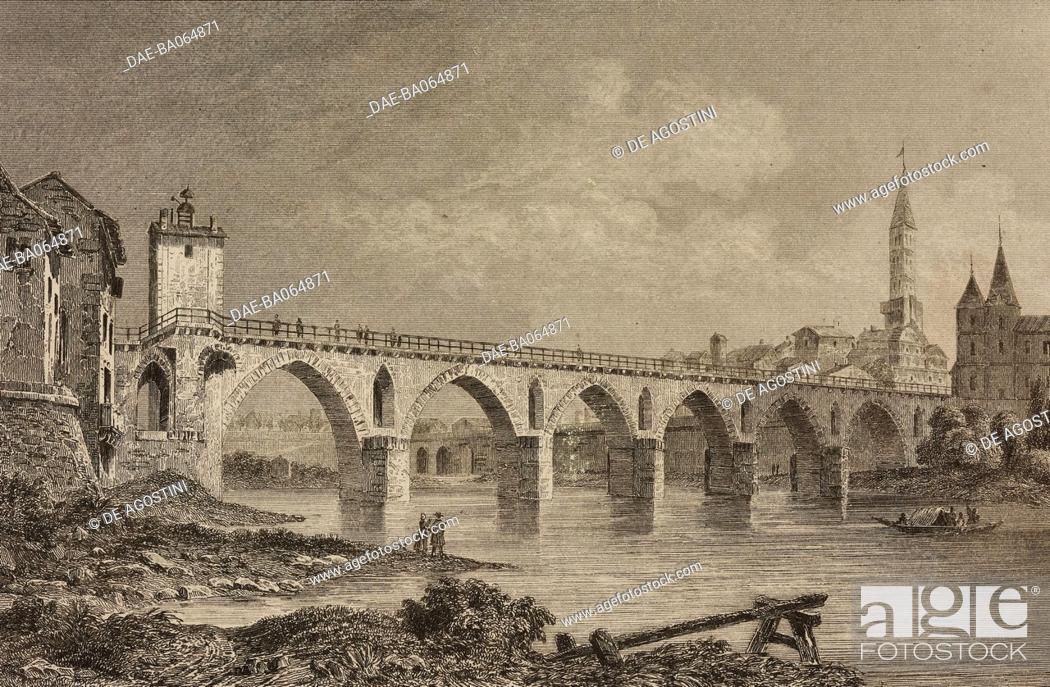 Stock Photo: Pont Vieux, Montauban, France, engraving by Lemaitre from France, troiseme partie, L'Univers pittoresque, published by Firmin Didot Freres, Paris, 1845.