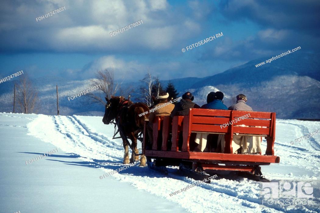 Stock Photo: sleigh ride, Stowe, Vermont, VT, A team of horses pulls a red open sleigh through the snow covered field at Trapp Family Lodge in Stowe.
