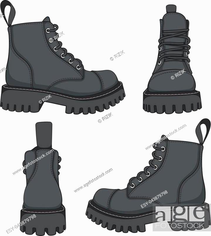 Stock Vector: Vector set of drawings with black boots. Isolated objects on a white background.