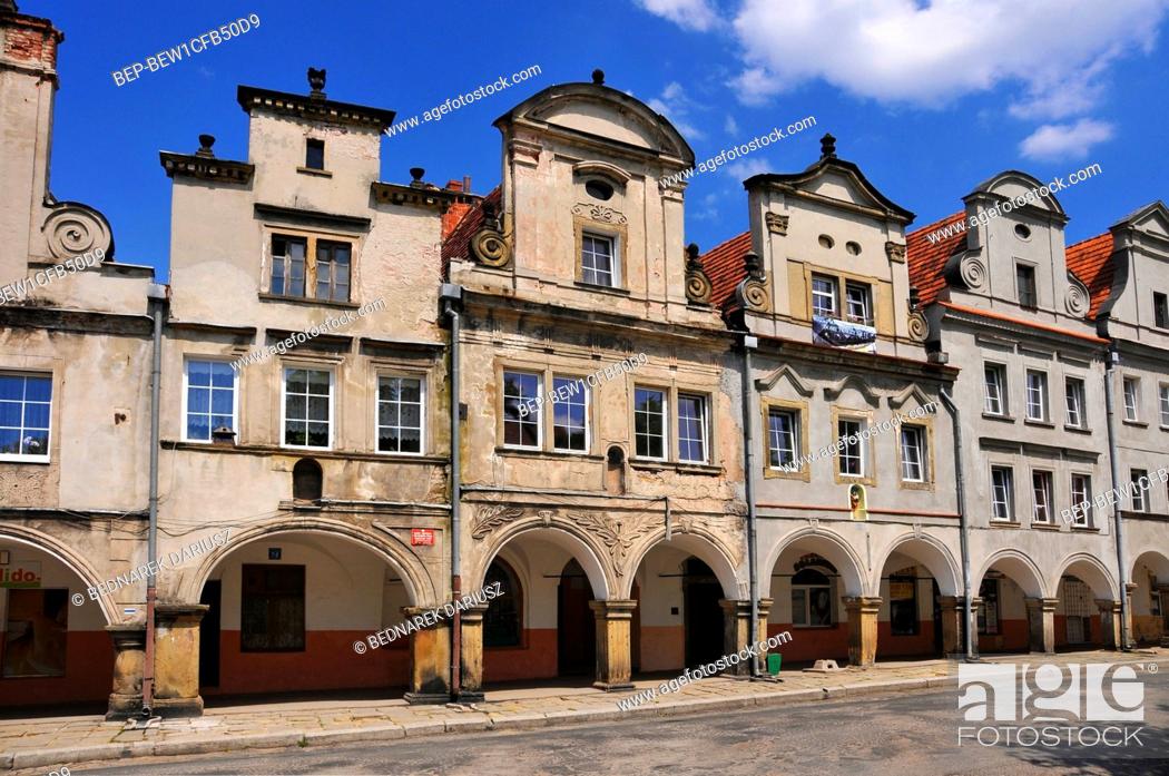Stock Photo: Baroque and classicist tenements at the market square in village Chelmno Slaskie, Lower Silesian voivodeship, Poland.