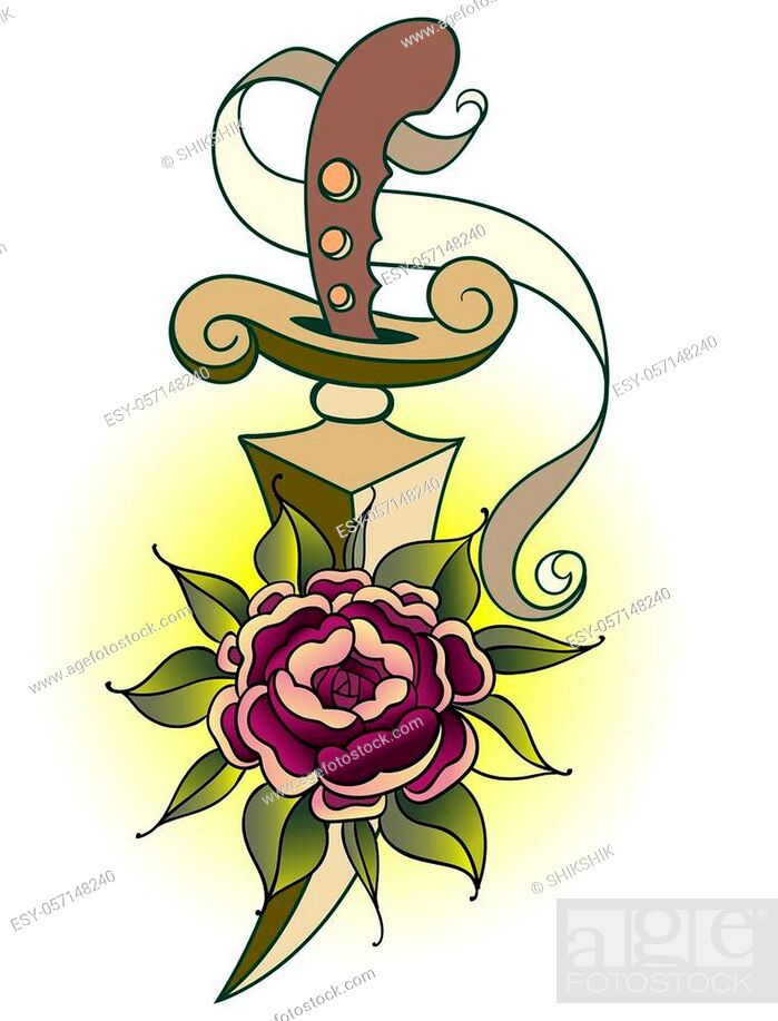 Traditional tattoo with dog rose flowers and dagger knife. Colorful Tattoo, Foto de Stock, Vector Low Budget Royalty Free. Pic. ESY-057148240