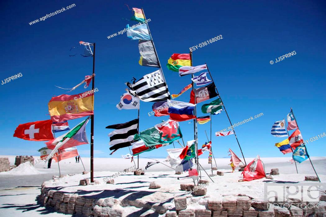 Stock Photo: Flags of many countries in a salt desert of Salar de Uyuni, Bolivia.
