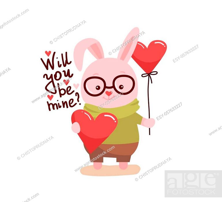 Cute cartoon lovely rabbit with pink large heart and text will you be mine,  Stock Vector, Vector And Low Budget Royalty Free Image. Pic. ESY-057633227  | agefotostock