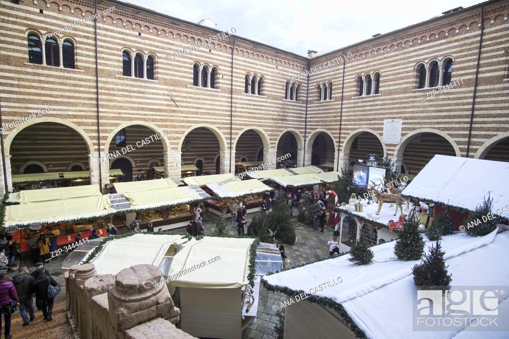 Stock Photo: Verona Veneto Italy on November 24, 2019: Christmas market at Palazzo della Ragione.