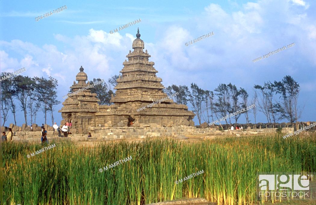 Stock Photo: Shore temple five-storied structure in 700-728 CE in Mahabalipuram Mamallapuram ; Tamil Nadu ; India.