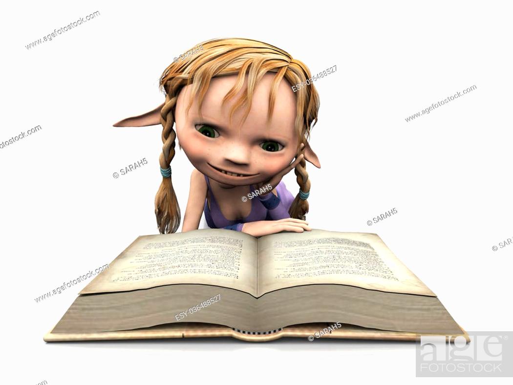 A cute cartoon elf girl with blonde hair reading a book, Stock Photo,  Picture And Low Budget Royalty Free Image. Pic. ESY-036488527 | agefotostock