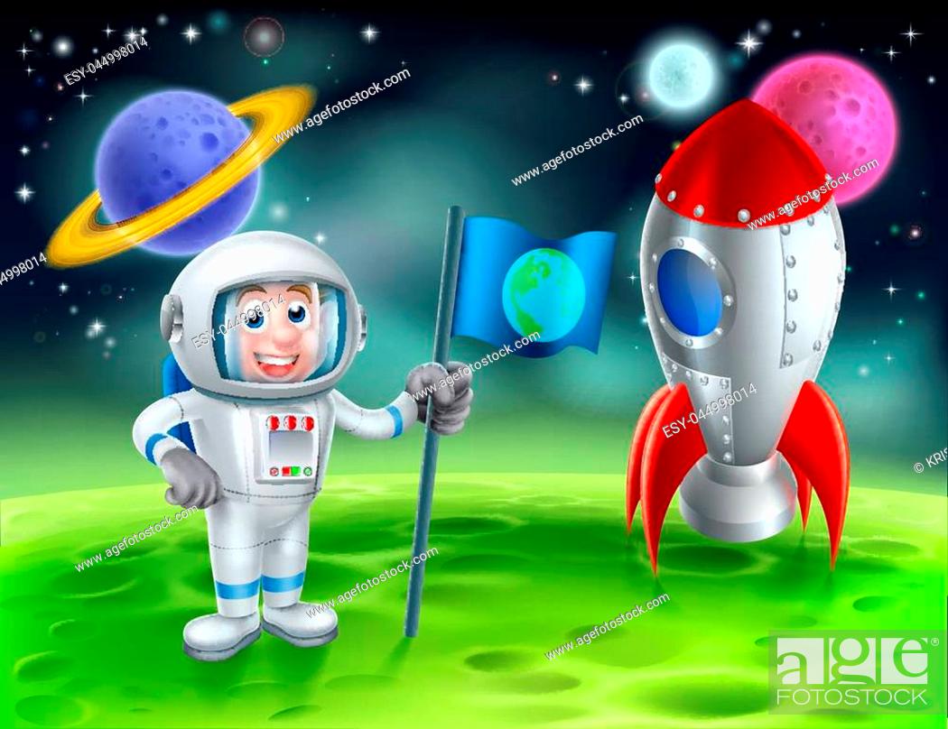 An illustration of a cartoon astronaut and retro space rocket ship or space  ship landed on a moon or..., Stock Vector, Vector And Low Budget Royalty  Free Image. Pic. ESY-044998014 | agefotostock