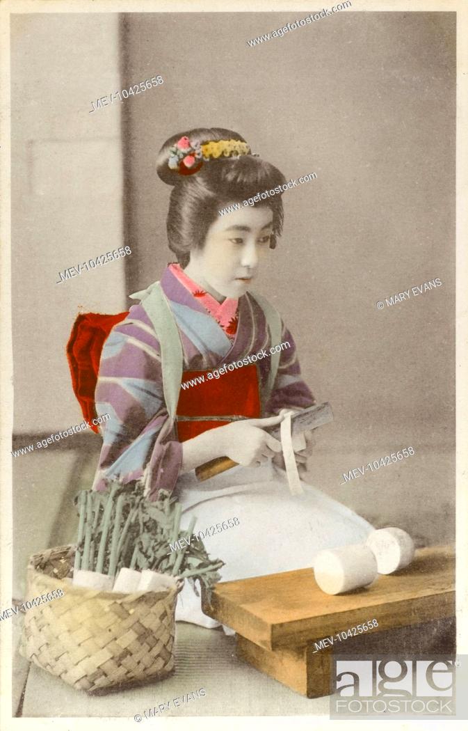 Stock Photo: Japan - Geisha girl preparing (cutting) daikon (white radish), possibly for takuan or bettarazuke dishes.
