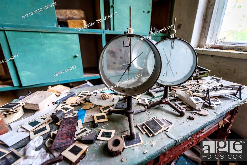Stock Photo: Physical lab in old secondary school in Mashevo abandoned village of Chernobyl Nuclear Power Plant Zone of Alienation in Ukraine.