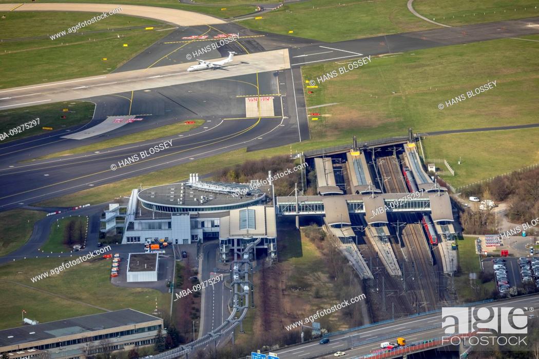 Stock Photo: Aerial view, Dusseldorf airport is one of the two main train stations. driverless SkyTrain overhead lift connects the station building with the terminals.