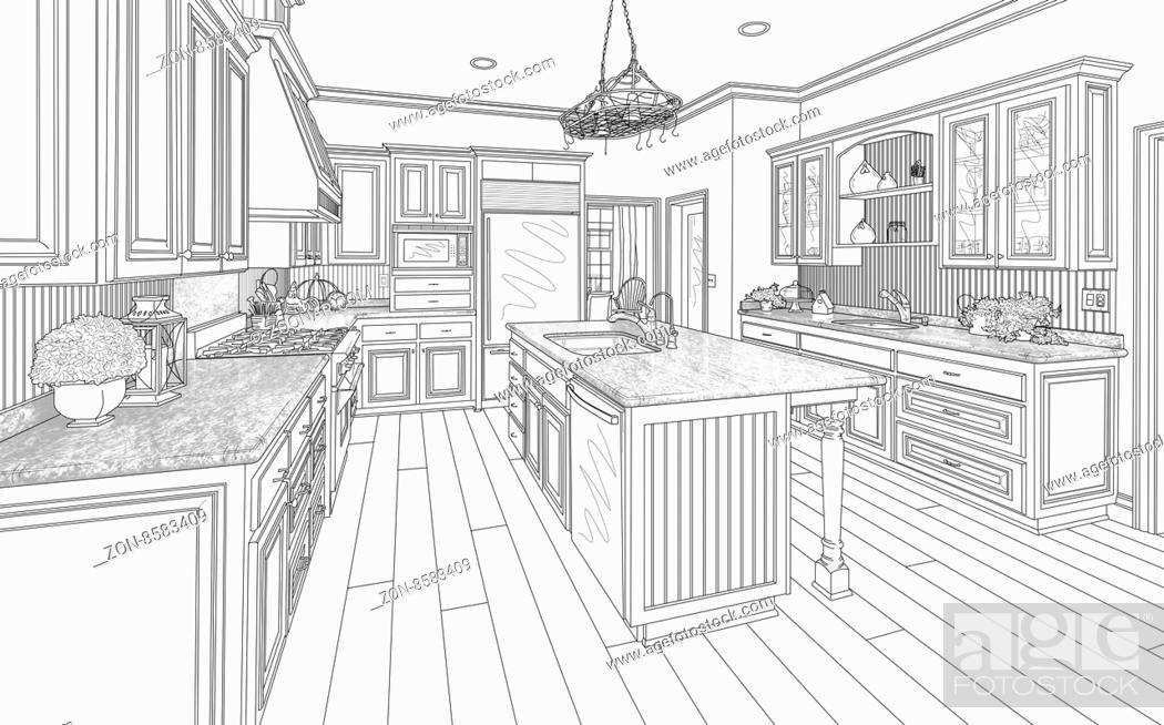 Beautiful Custom Kitchen Design Drawing in Black on White, Stock Photo,  Picture And Rights Managed Image. Pic. ZON-8583409 | agefotostock
