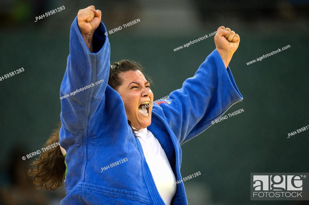 Stock Photo: Belkis Kaya of Turkey celebrates in the Women's +78kg Bronze Medal Final at the Baku 2015 European Games in Heydar Aliyev Arena in Baku, Azerbaijan.
