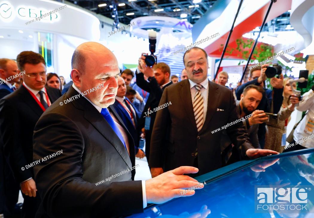 Stock Photo: RUSSIA, MINERALNYE VODY - MAY 3, 2023: Russia's Prime Minister Mikhail Mishustin and Sergei Melikov (L-R front), head of the Republic of Dagestan.